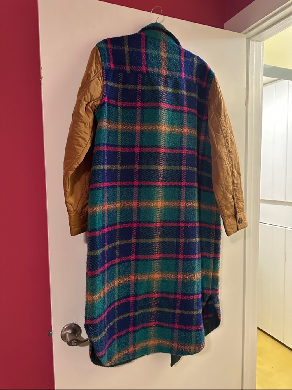 Sundance Teal & Navy Plaid Coat with Tan Quilted Sleeves - Picture 6 of 6